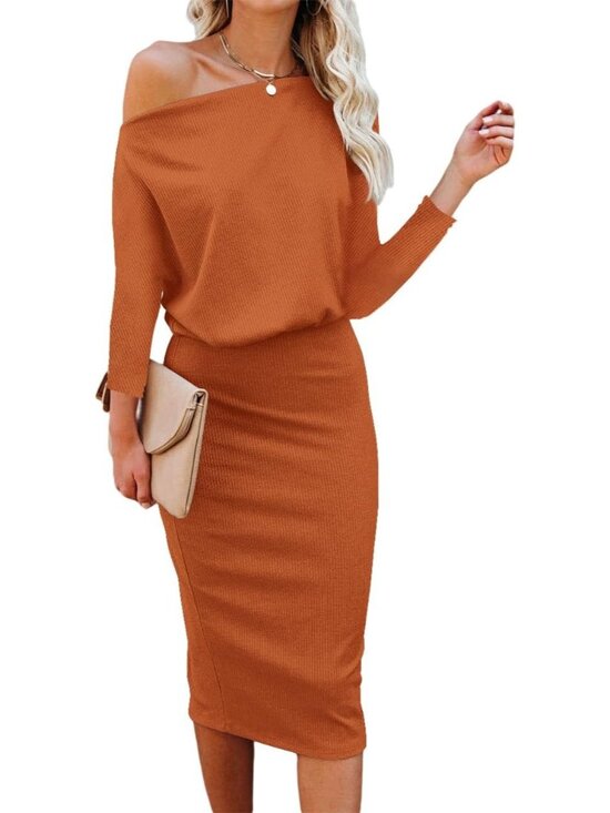 Dresses & Skirts - 🆕 Women's Rust Off Shoulder Batwing Sleeve Ribbed Bodycon Midi Dress